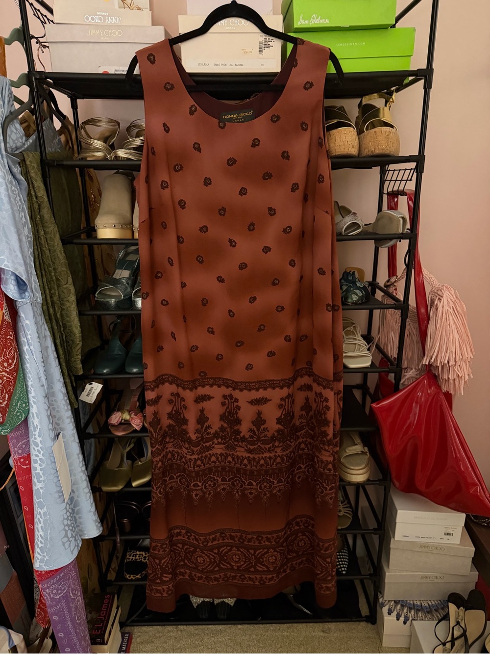 Donna Ricco Rust Brown Sleeveless Maxi Dress with Border Print